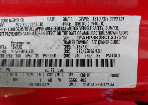 2012 Ford Focus Se from USA, damaged, VIN 1FAHP3K28CL237312